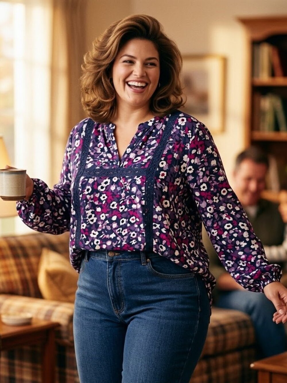 Lane Bryant Women 18/20 Navy Floral Lace Trim Blouse Romantic Boho Flowy Cottage